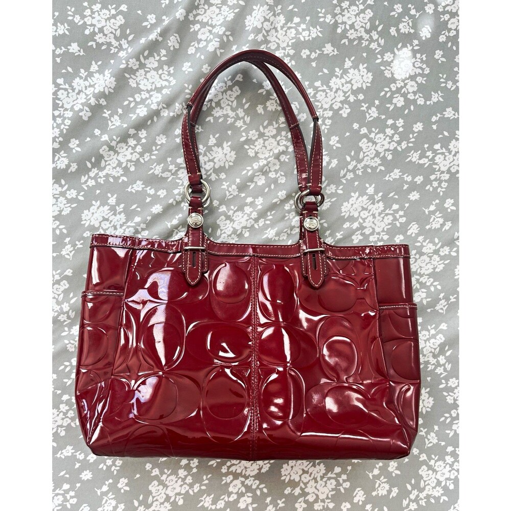 Coach F15246 Red Gallery Signature Embossed Patent Leather Tote Bag Purse Y2K